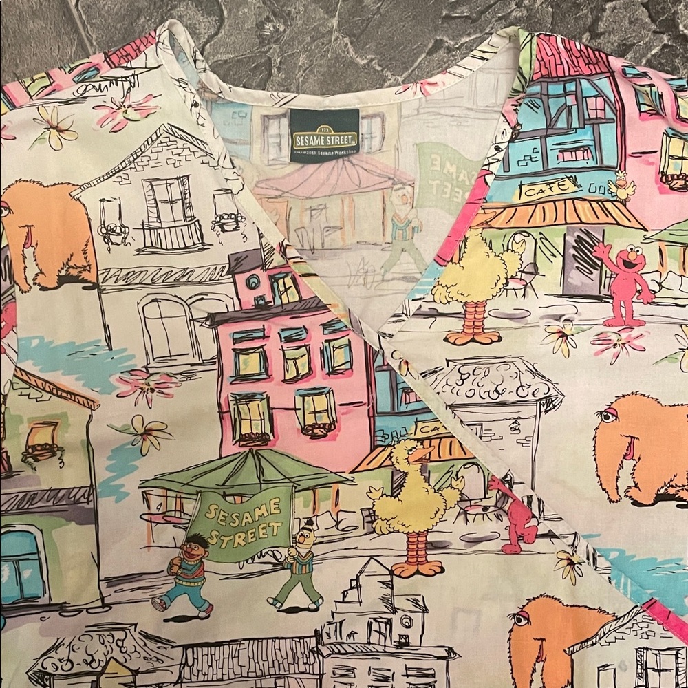 SESAME STREET Scrub Top Ladies Pastel Retro Character Graphic Soft